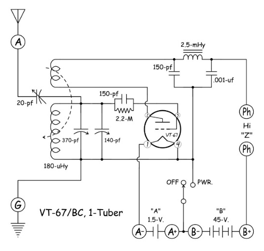 Mike Peebles', VT-67/BC, One Tube Regenerative Radio, Schematic Diagram.